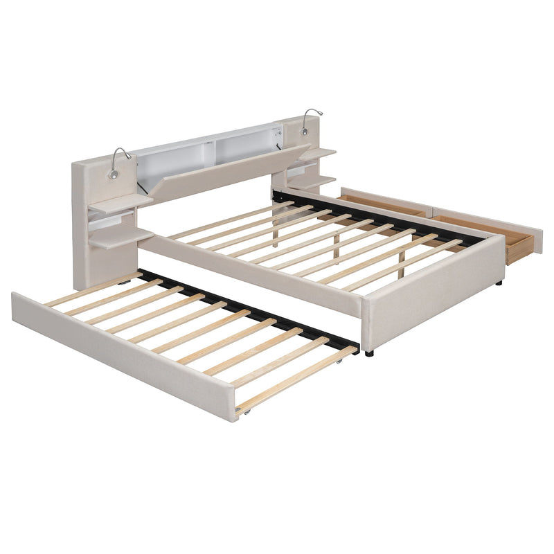 Upholstered Platform Bed With Reading Lights, Drawers, Trundle And Shelves