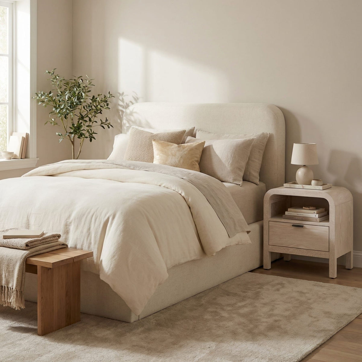 Virgil Off-White - Upholstered Platform Bed - Whipped Honey Linen