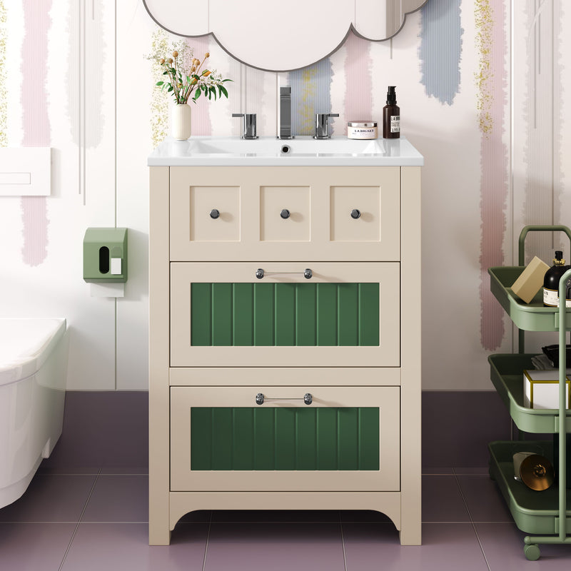 Bathroom Vanity With Ceramic Sink, Bathroom Vanity Cabinet With 2 Drawers, Wooden Bathroom Sink Cabinet - Beige / Green