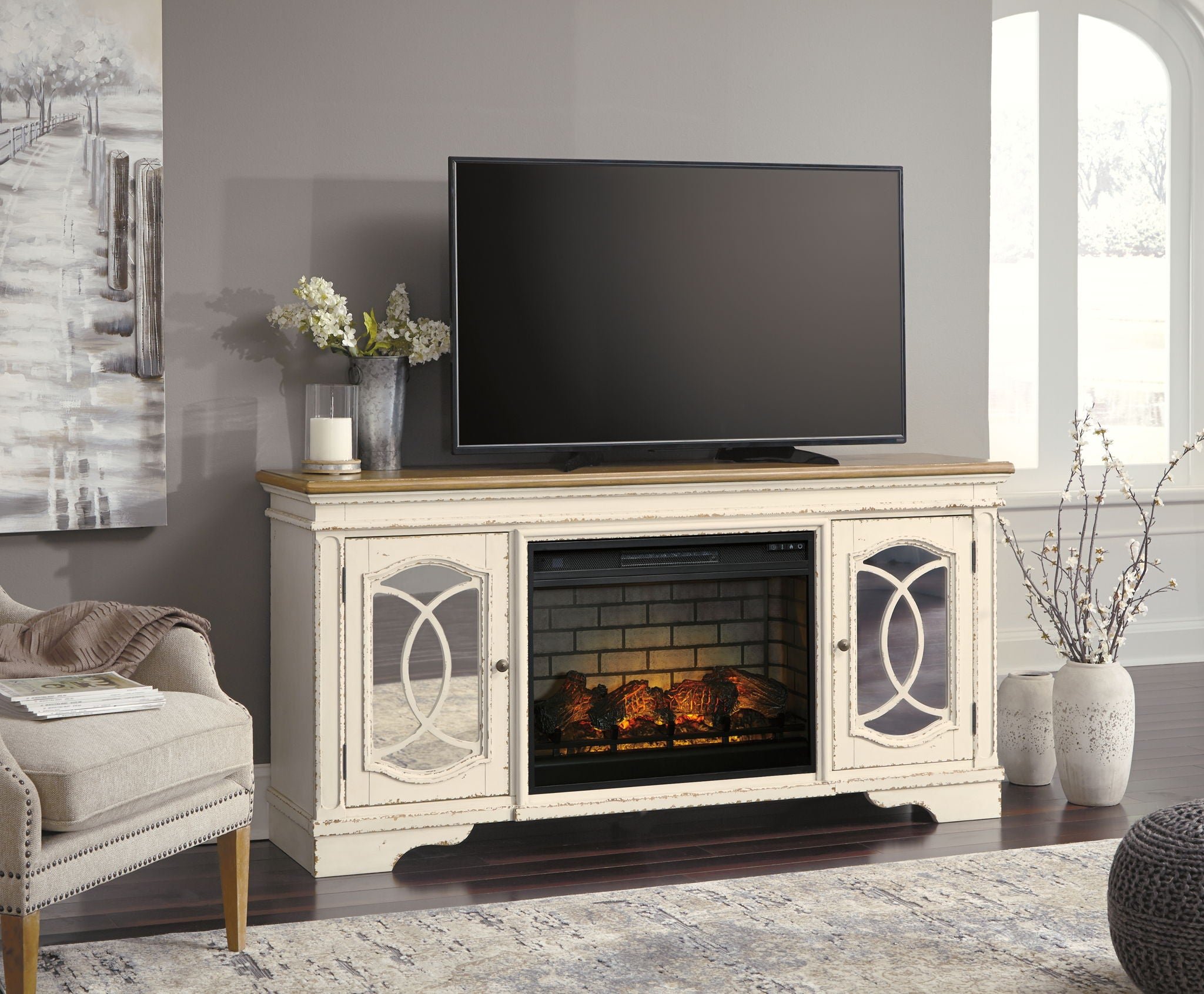 Realyn - Chipped White - 2 Pc. - 74" TV Stand with Electric Infrared Fireplace Insert - Urban Living Furniture (Los Angeles, CA)