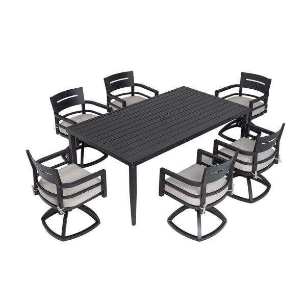 Outdoor Patio Aluminum Furniture, Modern Dining Set, Including 4 Swivel Rockers Sunbrella Cushioned And Square Dining Table With Umbrella Hole