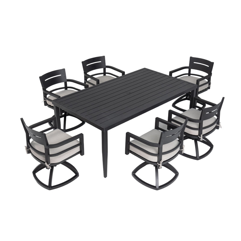 Outdoor Patio Aluminum Furniture, Modern Dining Set, Including 4 Swivel Rockers Sunbrella Cushioned And Square Dining Table With Umbrella Hole