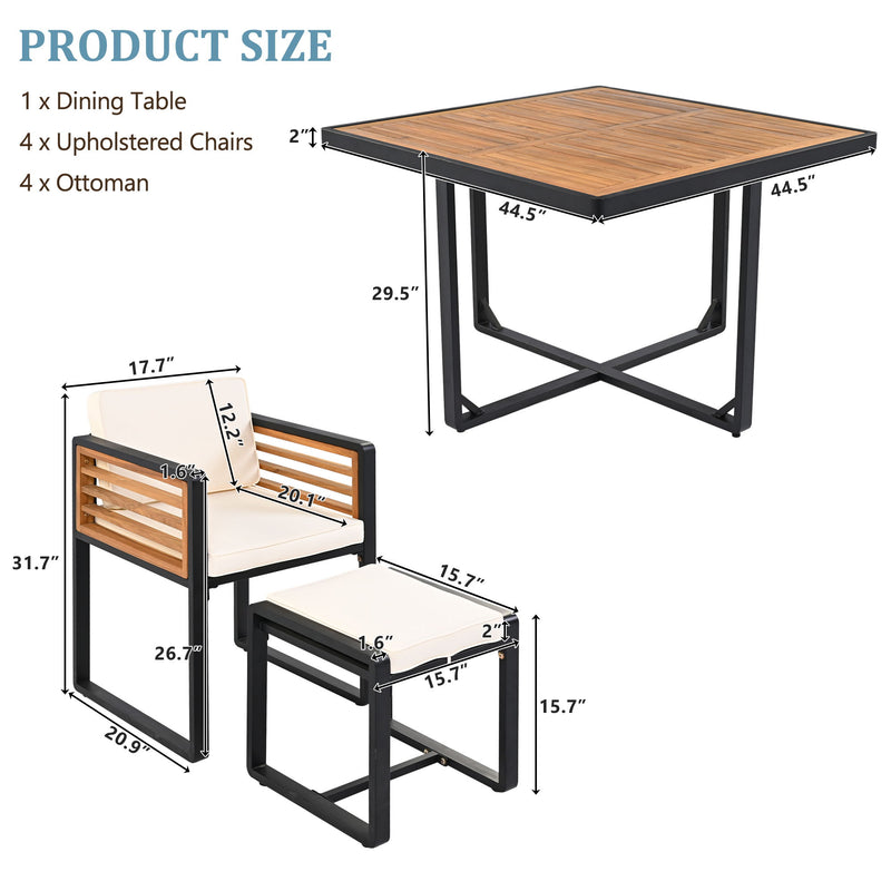 Acacia Wood Patio Dining Set, Cushioned Chairs & Ottomans Square Table