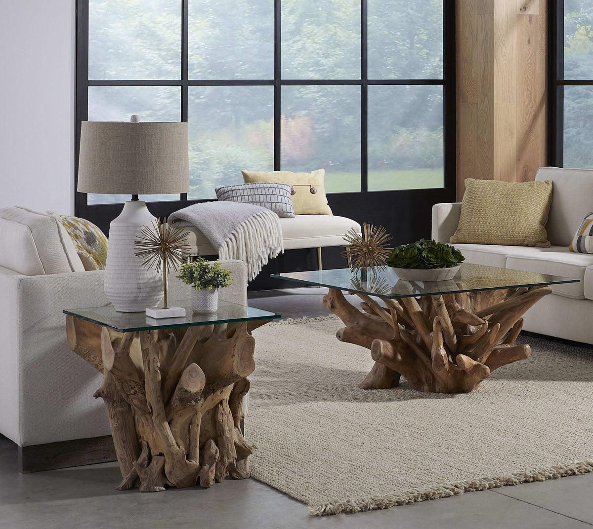 One - Solid Teak Root Glass Top Table