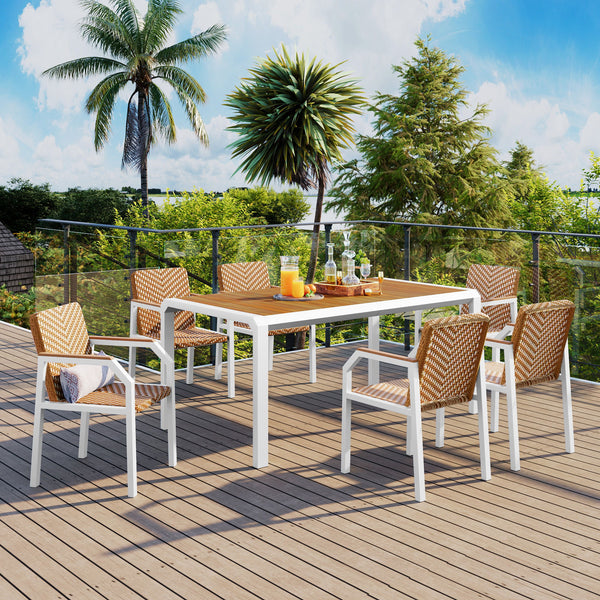 7 Piece Patio Dining Table Set, Outdoor Wicker Furniture (Set of 6) Chairs, 2 Tone Weave Rattan, Acacia Wood Tabletop, Outdoor Dining Set For Backyard And Garden - Brown