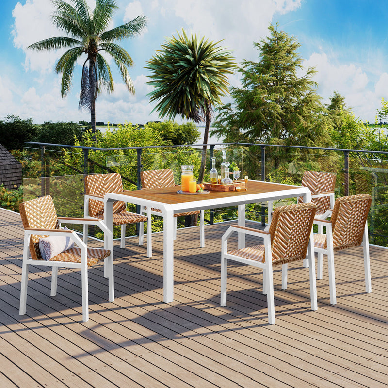 7 Piece Patio Dining Table Set, Outdoor Wicker Furniture (Set of 6) Chairs, 2 Tone Weave Rattan, Acacia Wood Tabletop, Outdoor Dining Set For Backyard And Garden - Brown