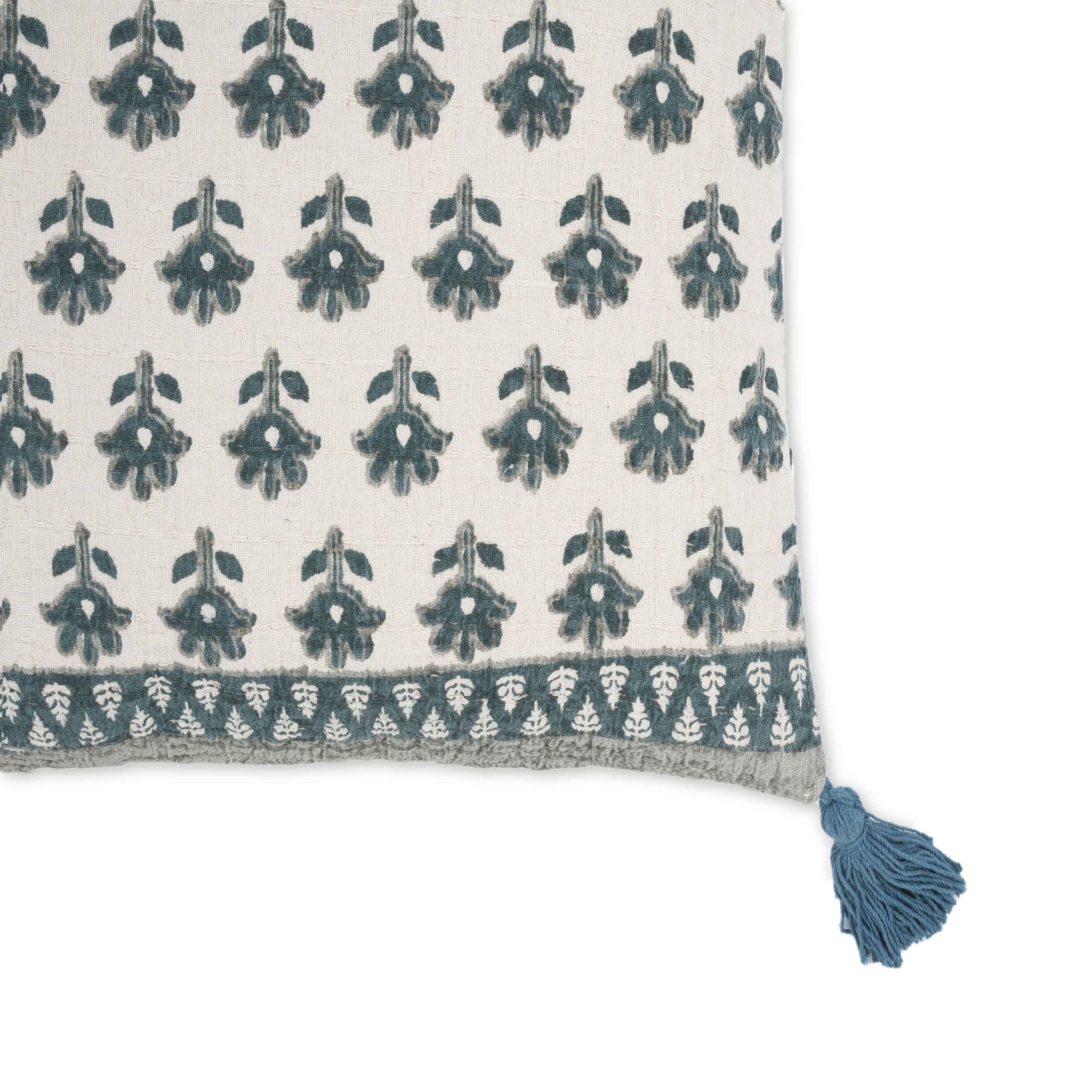 Blossom - 20" Printed Cotton Tassel Accent Cushion - Blue