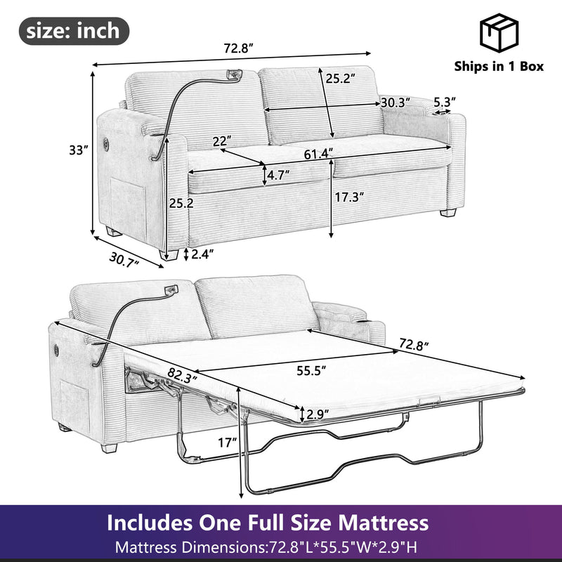Corduroy Sleeper Sofa Loveseat Sofa With Full Size Mattress, 2 USB Ports, 2 Cup Holders, 2 Side Pockets And Phone Holder