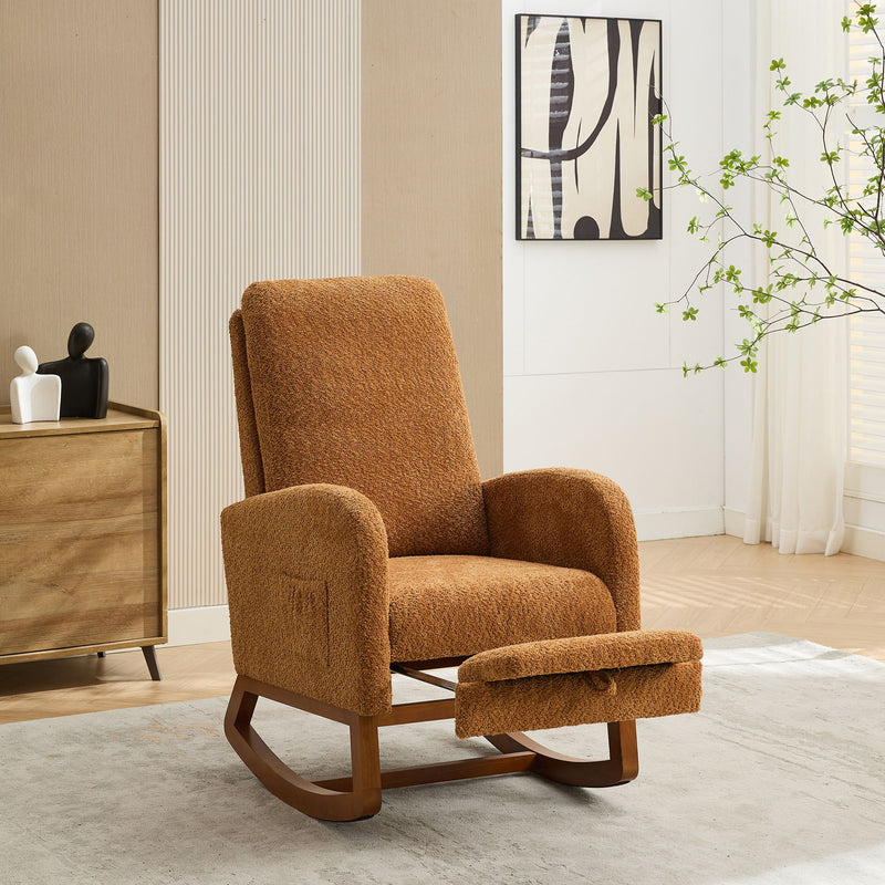 Rocking High Back Glider Chair With Retractable Footrest, Side Pocket