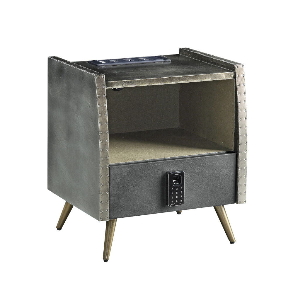 Doris - Nightstand With USB & Electric Lock - Gray Top Grain Leather & Aluminum - Urban Living Furniture (Los Angeles, CA)