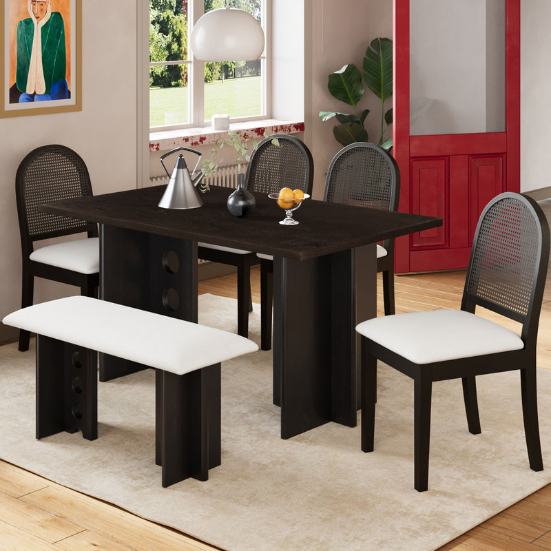 Modern Double Pedestal 6 Piece Dining Table Set, 4 Upholstered Rattan Back Dining Chairs And Bench