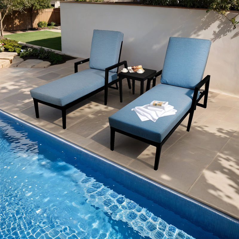 3 Piece Outdoor Patio Lounge Set, 2 Chaise & 1 End Table With Modern Tapered Feet, Pneumatic Adjustable Backrest, Wheels, Sunbrella Cushion - Ember Black / Blue