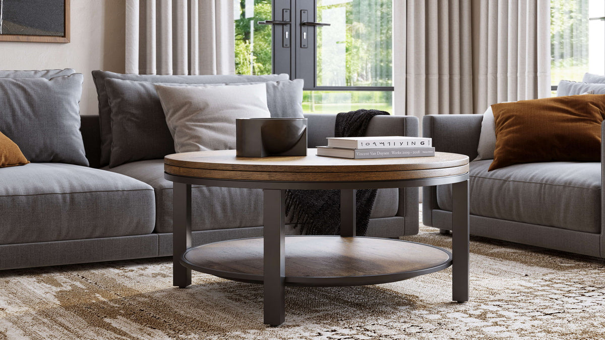 Canyon - Solid Wood And Metal Round Coffee Table - Washed Gray / Black