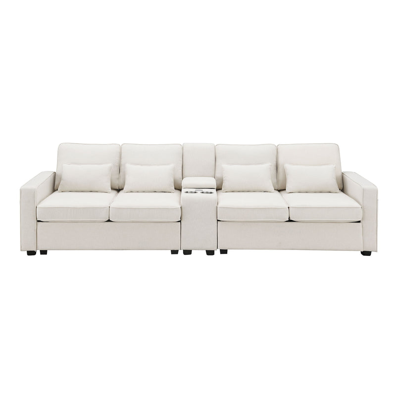 Upholstered Sofa With Console, 2 Cupholders And 2 USB Ports Wired Or Wirelessly Charged, Modern Linen Fabric Couches With 4 Pillows For Living Room, Apartment (4-Seat) - Urban Living Furniture (Los Angeles, CA)