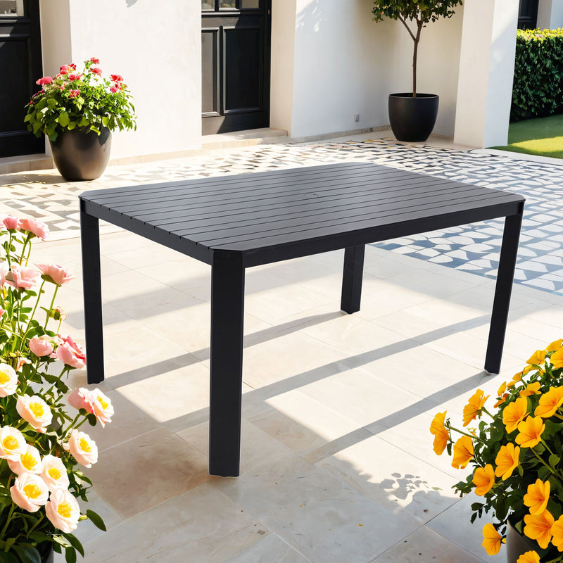 Modern Outdoor Table With Alternating Wide And Narrow Slats, Angled Corners, 2" Big Umbrella Hole, And Adjustable Non Slip Pads - Bourbon Brown