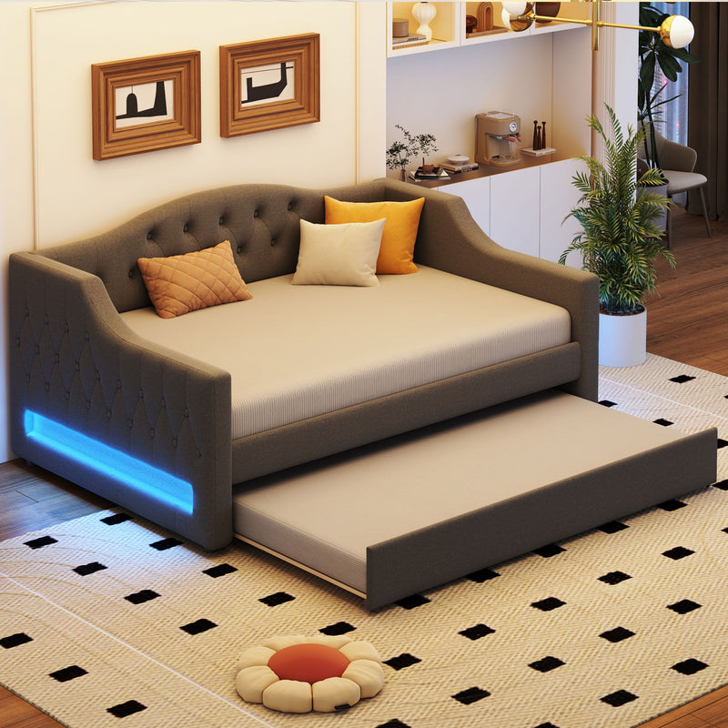 Full Long Size Daybed With LED Belt And Trundle - Gray