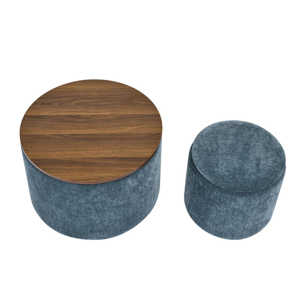 Classic 2 Piece Round Storage Ottoman Set With Drum Shaped Stool