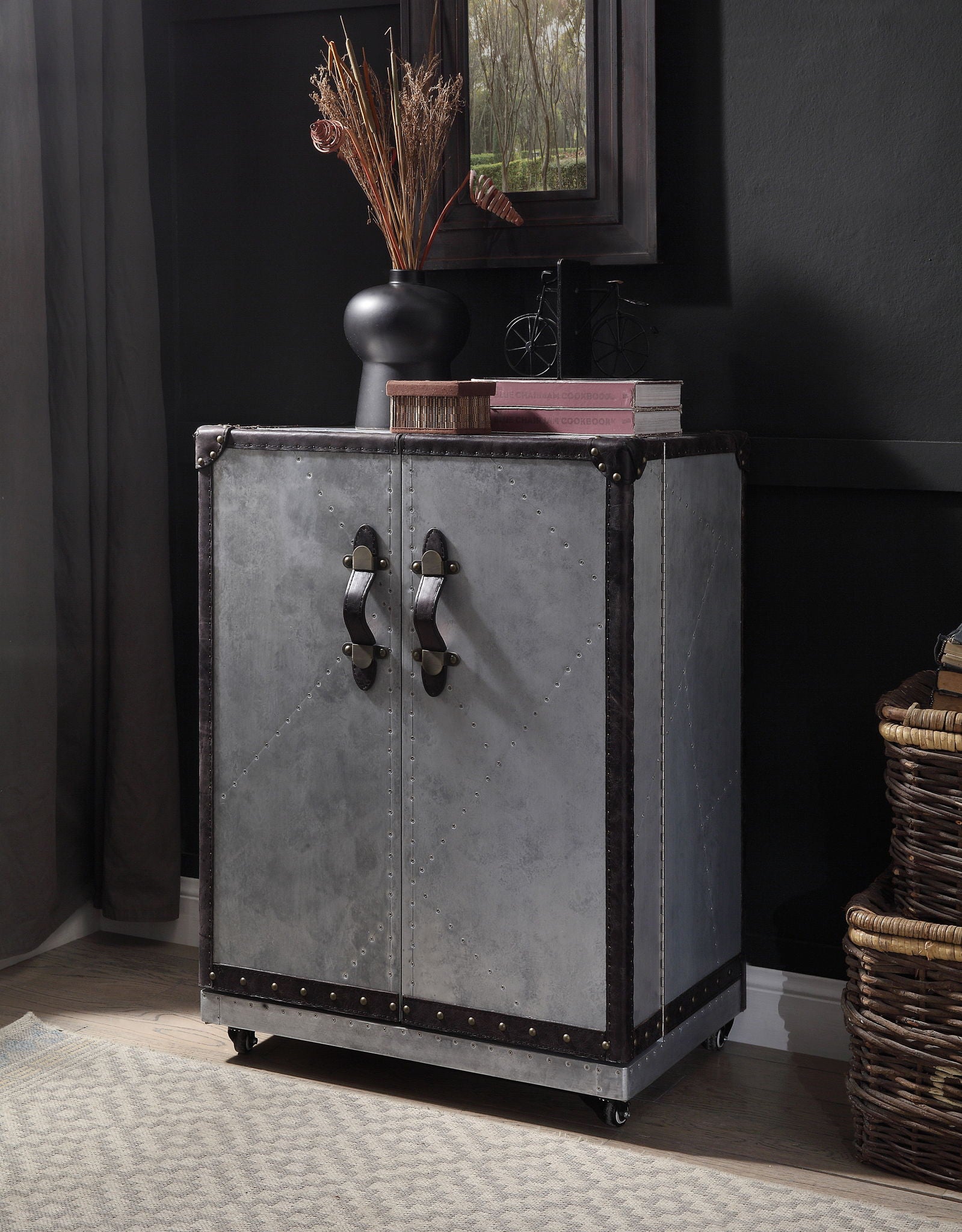 Brancaster - Wine Cabinet - Antique Ebony Top Grain Leather & Aluminum - Urban Living Furniture (Los Angeles, CA)