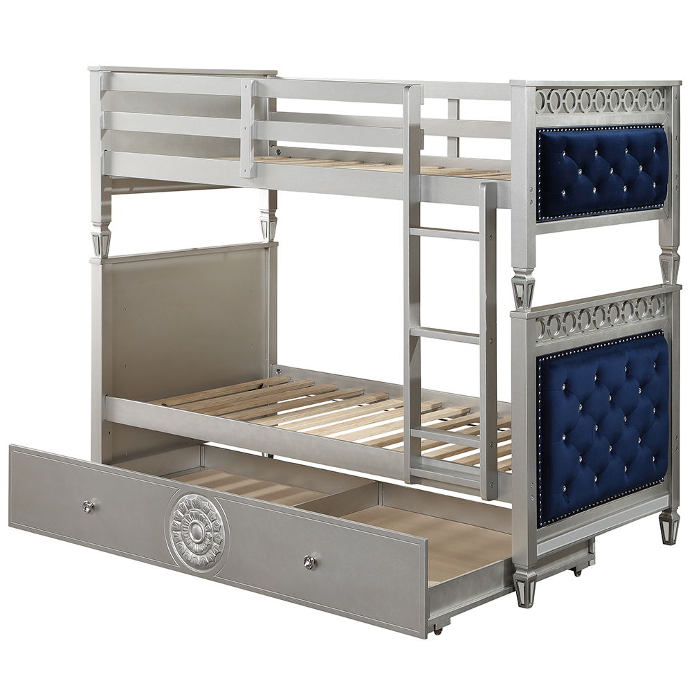 Varian - Twin Over Twin Bunk Bed - Blue Velvet & Silver Finish - Urban Living Furniture (Los Angeles, CA)