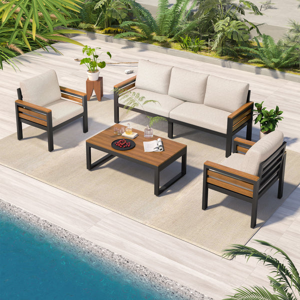 4 Piece Outdoor Furniture Sofa Set For 5 People With Acacia Wood Armrests, Removable Cushion