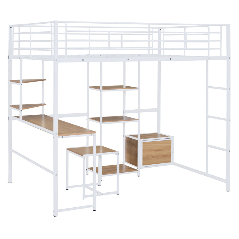 Full Size Loft Bed With Desk And Stool, With Open Style Wardrobe, Shelves And Cabinet - White