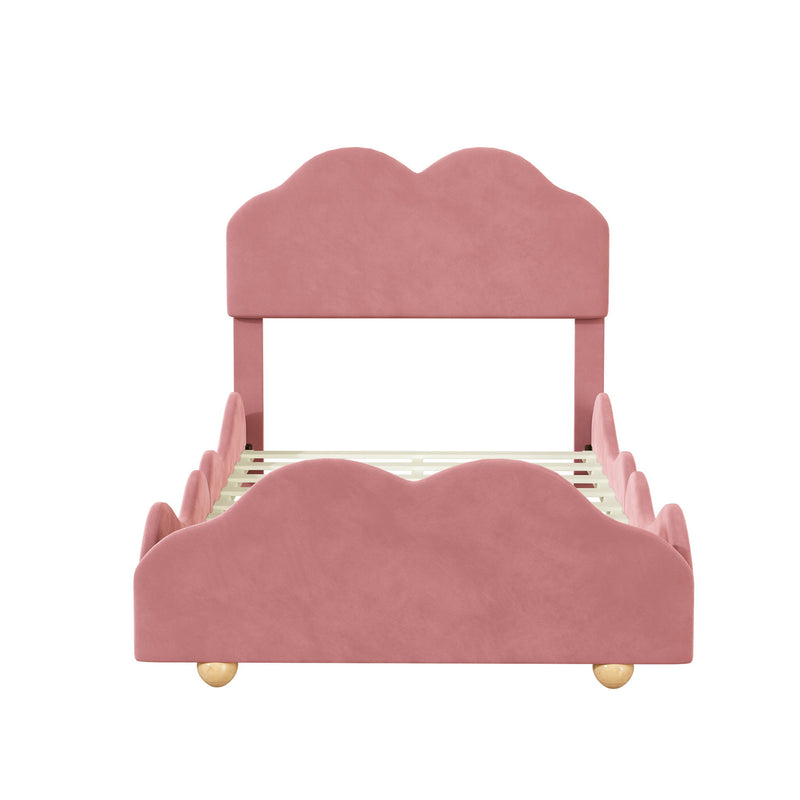 Twin Size Upholstered Platform Bed With Cloud Shaped Board - Dark Pink