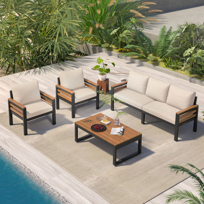 4 Piece Outdoor Furniture Sofa Set For 5 People With Acacia Wood Armrests, Removable Cushion