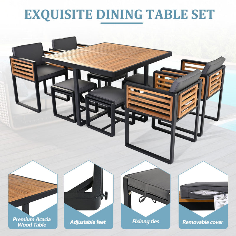 Acacia Wood Patio Dining Set, Cushioned Chairs & Ottomans Square Table