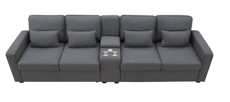 Upholstered Sofa With Console, 2 Cupholders And 2 USB Ports Wired Or Wirelessly Charged, Modern Linen Fabric Couches With 4 Pillows For Living Room, Apartment (4-Seat) - Urban Living Furniture (Los Angeles, CA)