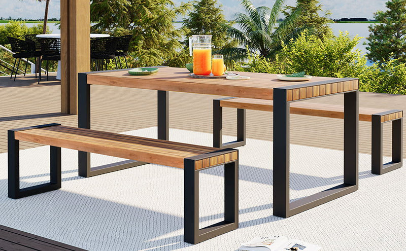 3 Pieces Outdoor Dining Table & 2 Benches, Patio Dining Set With Unique Top Texture, Acacia Wood Top & Steel Frame, All Weather Use, For Outdoor & Indoor - Natural