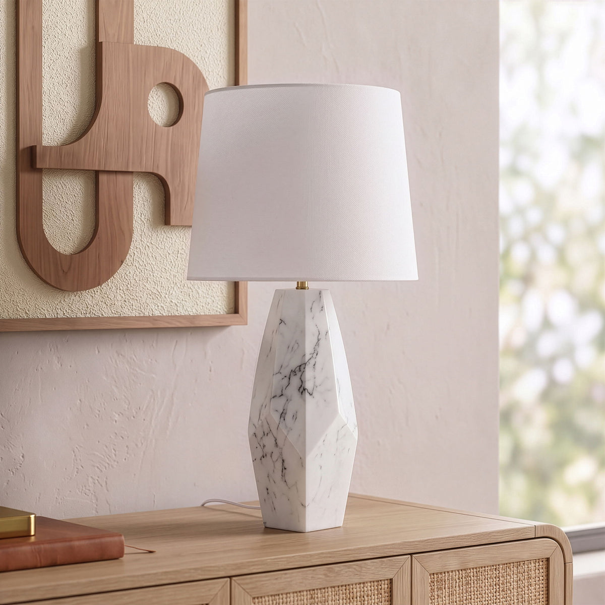 Seraphine - Genuine Marble And Linen Textured Fabric Table Lamp
