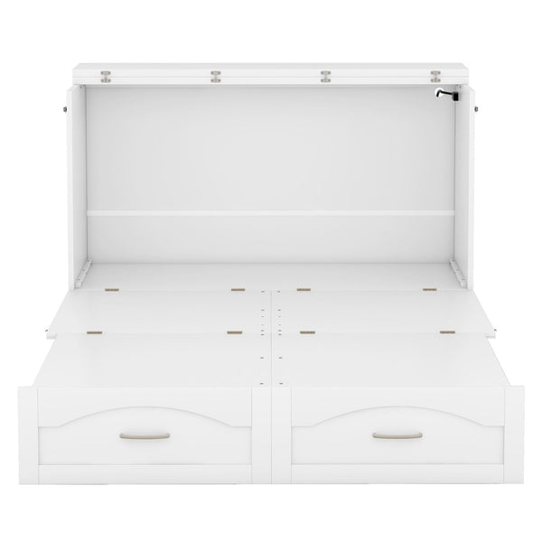 Full Size Murphy Wall Bed With Drawer And A Set Of Sockets & USB Ports, Pulley Structure Design - White