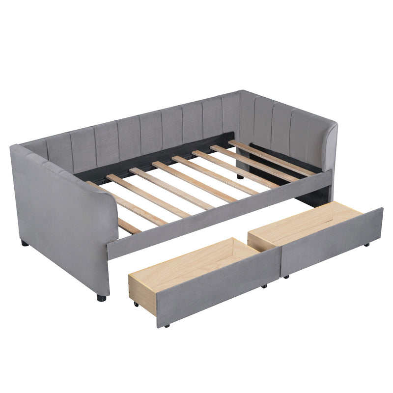 Twin Size Upholstered Daybed With Ergonomic Design Backrest And 2 Drawers - Gray