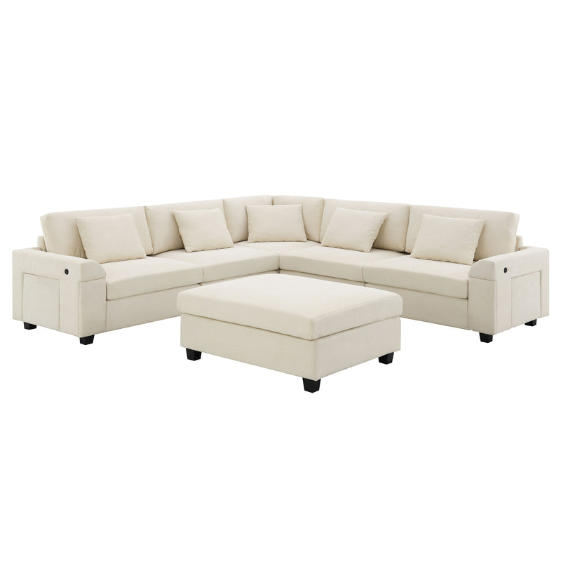 U Shaped Sectional Sofa 6 Seat Couch Set With Oversized Ottoman, Hidden Armrest Storage And Cup Holders USB Charging Ports Wide Seat Sofa