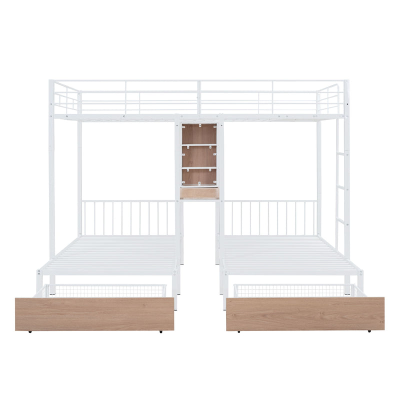 Triple Bunk Bed With Drawers, Multi-Functional Frame With Desks And Shelves In The Middle