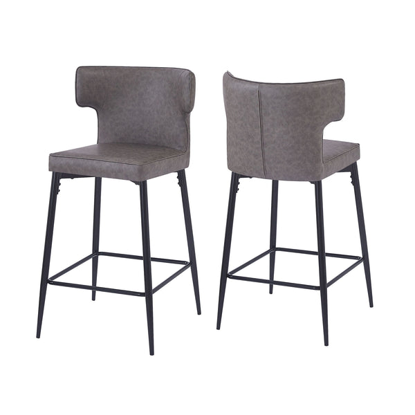 Modern Counter Height Bar Stools (Set of 2) With Leather Upholstery, Metal Frame - Gray