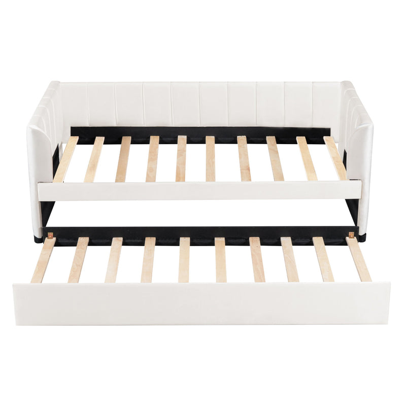 Twin Size Upholstered Daybed With Ergonomic Design Backrest And Trundle - Beige