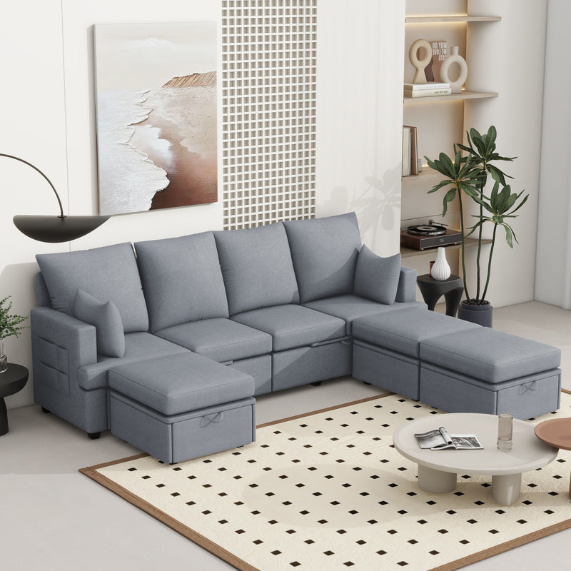 Modern Modular Sofa, 6 Seat Chenile Sectional Couch Set With 2 Pilows Included, Freely Combinable