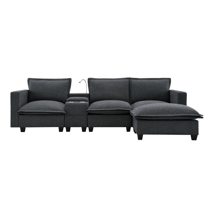 Modern Sectional Cloud Sofa With Console USB Charger Reading Light Cup Holder, Wide Seat 4 Seat Modular Couch Storable Indoor Funiture