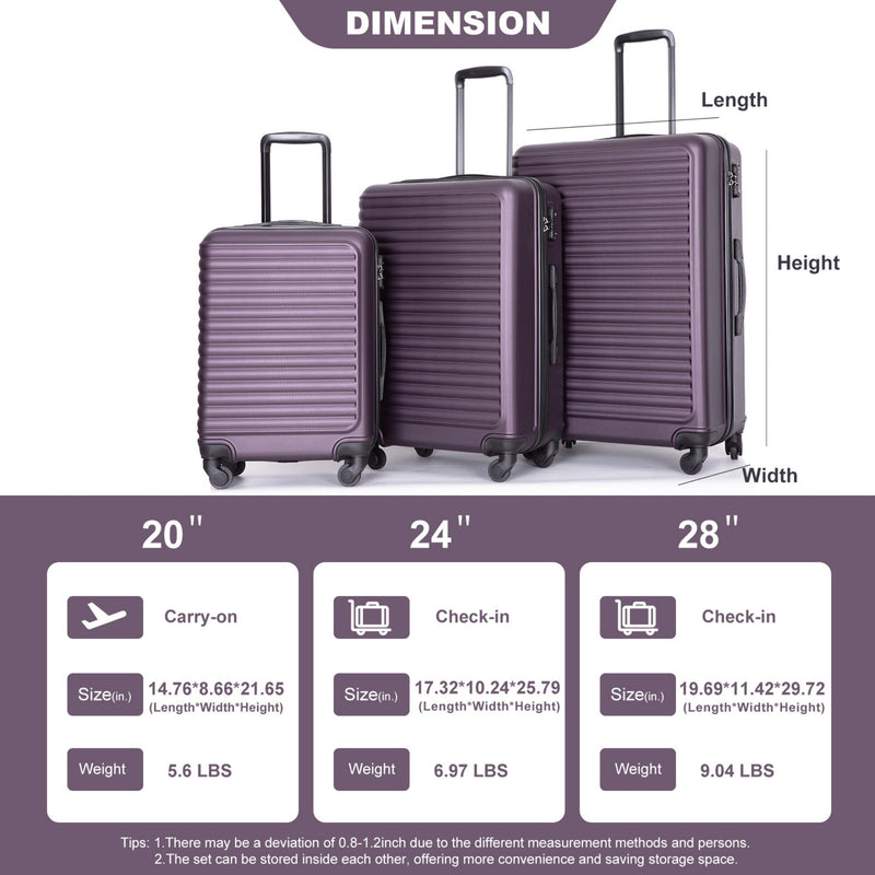 3 Piece Luggage Sets, Lightweight Suitcase With Two Hooks, Spinner Wheels, Tsa Lock