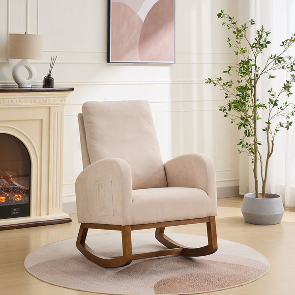 Rocking Chair For Nursery, Polyester Glider Chair With High Back And Side Pocket, Rocking Accent Armchair With Rubber Wood Legs For Living Room / Bedroom - Beige