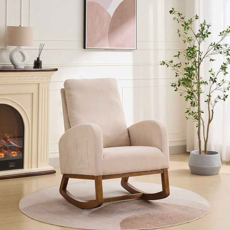 Rocking Chair For Nursery, Polyester Glider Chair With High Back And Side Pocket, Rocking Accent Armchair With Rubber Wood Legs For Living Room / Bedroom - Beige
