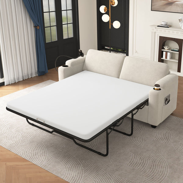 Corduroy Sleeper Sofa Loveseat Sofa With Full Size Mattress, 2 USB Ports, 2 Cup Holders, 2 Side Pockets And Phone Holder