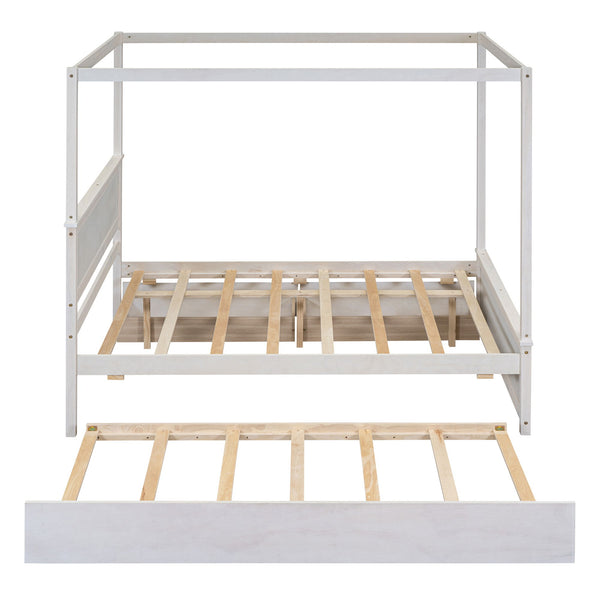 Full Size Canopy Platform Bed With Trundle Bed And 2 Drawers, Support Slats, No Box Spring Needed - Brushed White
