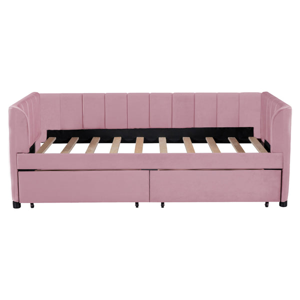 Twin Size Upholstered Daybed With Ergonomic Design Backrest And 2 Drawers - Pink