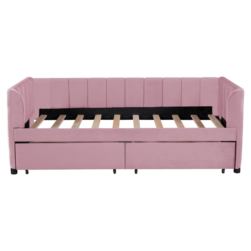 Twin Size Upholstered Daybed With Ergonomic Design Backrest And 2 Drawers - Pink
