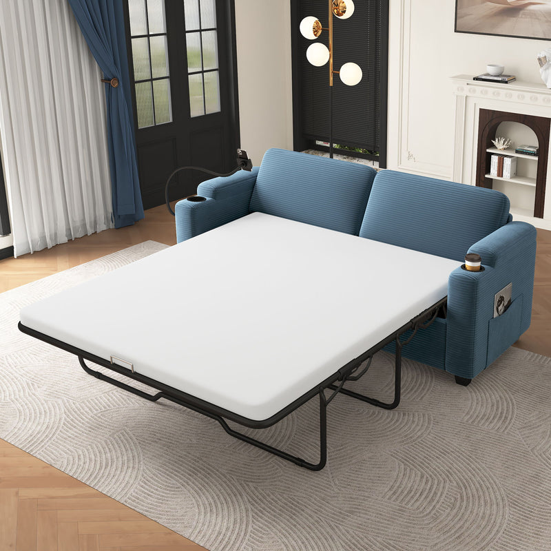 Corduroy Sleeper Sofa Loveseat Sofa With Full Size Mattress, 2 USB Ports, 2 Cup Holders, 2 Side Pockets And Phone Holder