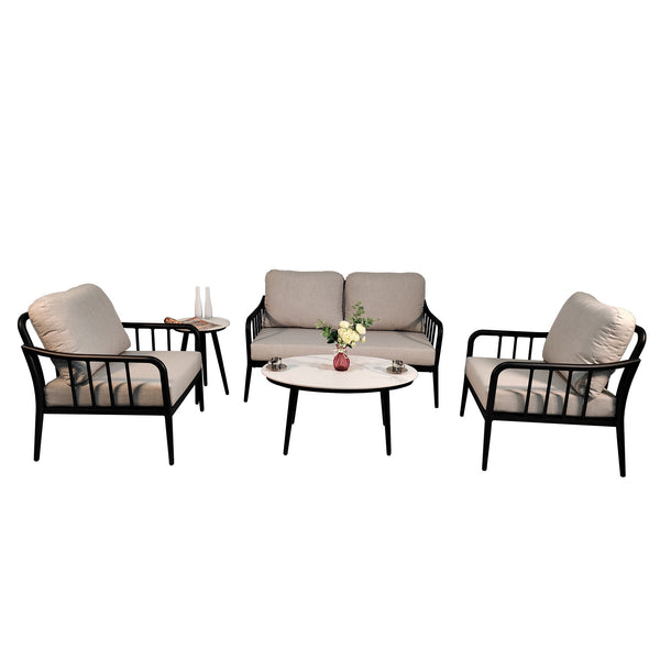 5 Pieces Outdoor Patio, Modern Chat Sofa Conversation Set, Removable Sunbrella Cushions And Table With Carrara Marble Look Sintered Stone Top - Ember Black / White