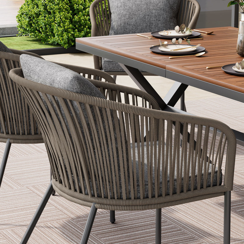 7 Pieces Patio Dining Set, All-Weather Outdoor Furniture Set With Dining Table And Chairs, Acacia Wood Tabletop, Metal Frame, For For Garden, Backyard, Balcony - Gray