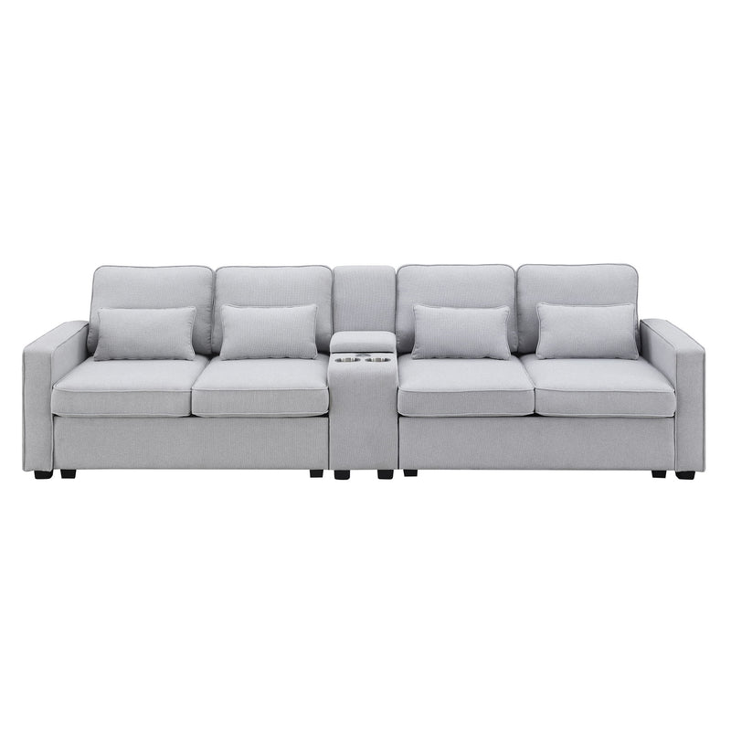 Upholstered Sofa With Console, 2 Cupholders And 2 USB Ports Wired Or Wirelessly Charged, Modern Linen Fabric Couches With 4 Pillows For Living Room, Apartment (4-Seat) - Urban Living Furniture (Los Angeles, CA)